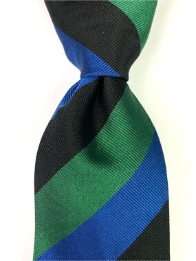 Ben Silver Necktie Tie Green Blue Black Repp Diagonal Stripe Preppy Silk Neck